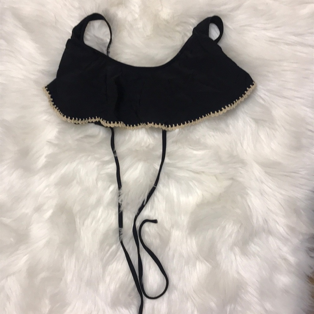 Black bikini top with ruffle and crochet detail